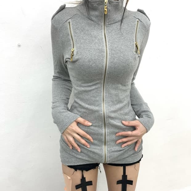 Lostarchives 딱붙 갸루깔 그레이 집업 y2k파우닝큐빈티지