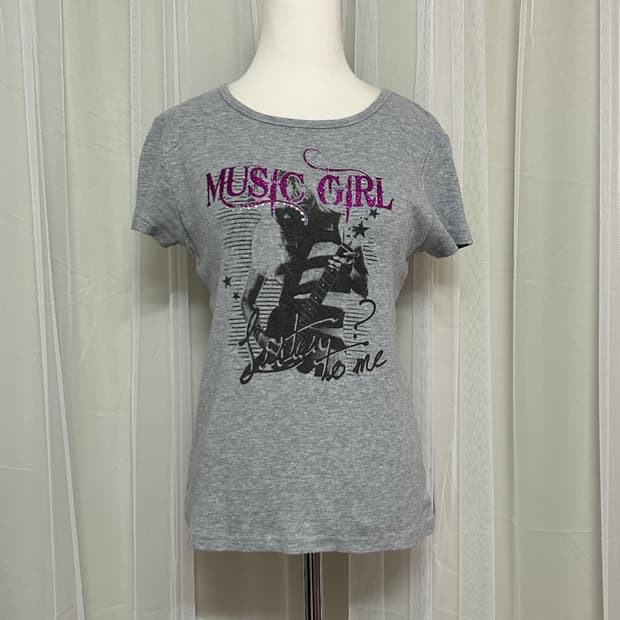 러브캣 Y2K 글리터프린팅 큐빅 반팔 딱붙핏 탑