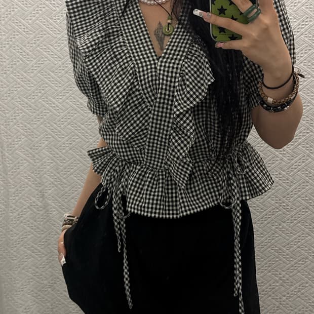 빈티지 러블리 더블리본 프릴 깅엄체크 반팔 블라우스 K0156