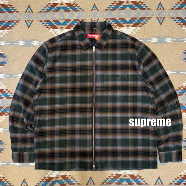 [L] 슈프림 쉐도우 플레이드 플란넬 집업 셔츠 그린 - 24SS