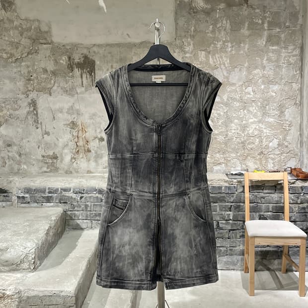 디젤 흑청 투 웨이 집업 워싱 데님 미니 원피스