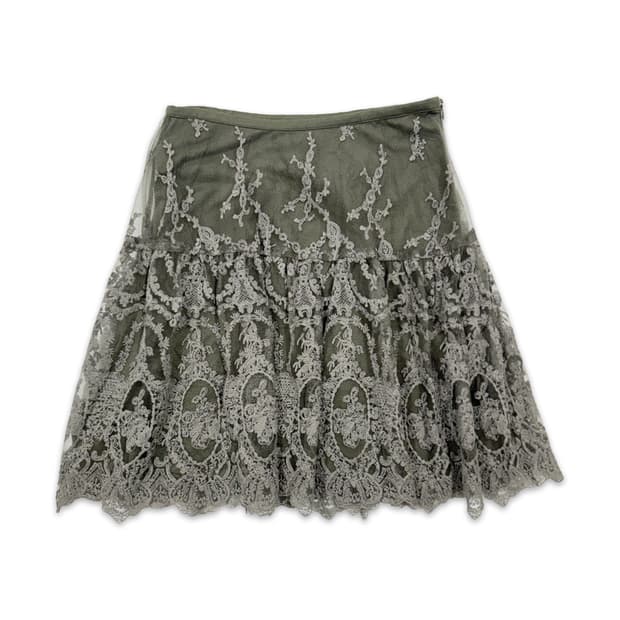 빈티지 카키 그레이 레이스 모리 미디 스커트