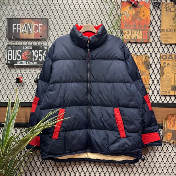 타미 진스 구스다운 패딩 점퍼 후면 로고 포인트 네이비 레드