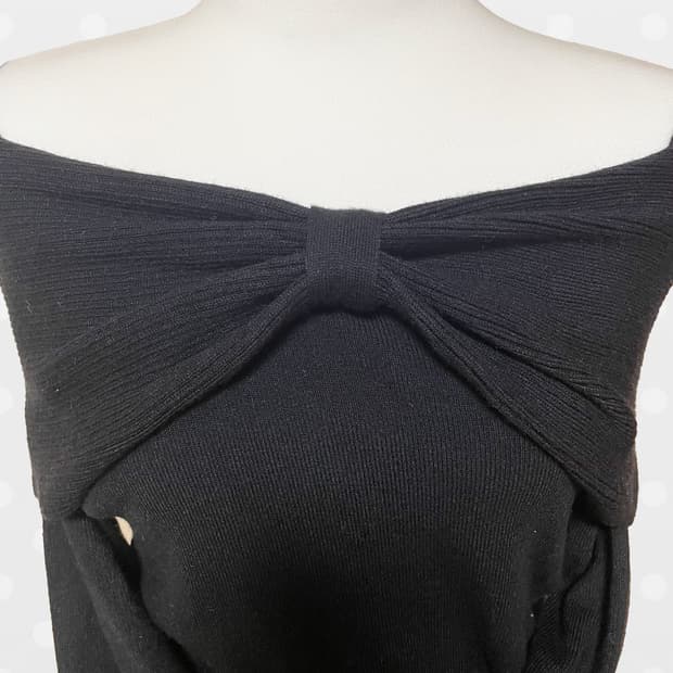 히메 러블리 빈티지 블랙 리본 진주 니트 오프숄더 탑