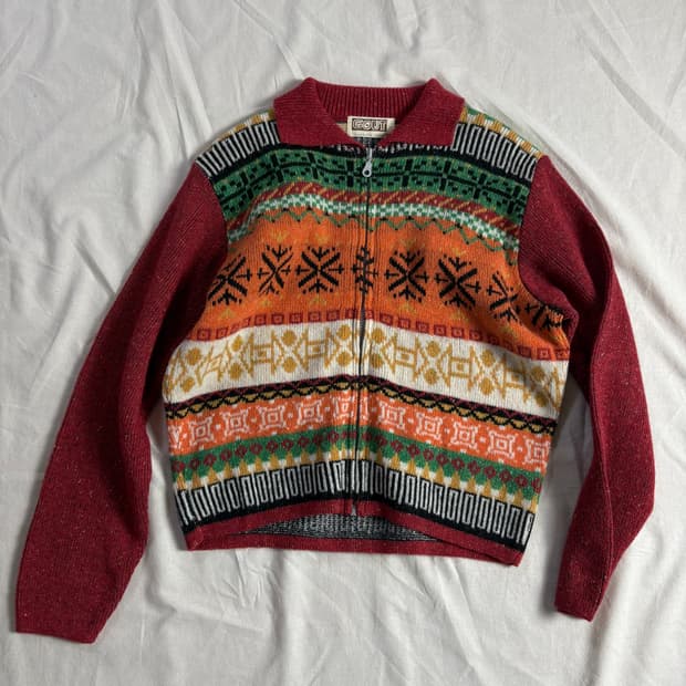 Gout 빈티지 아즈텍 패턴 니트 집업 M