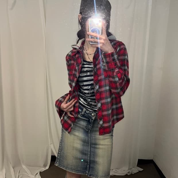 kissmark 00‘s 펑크 체크 후드 셔츠