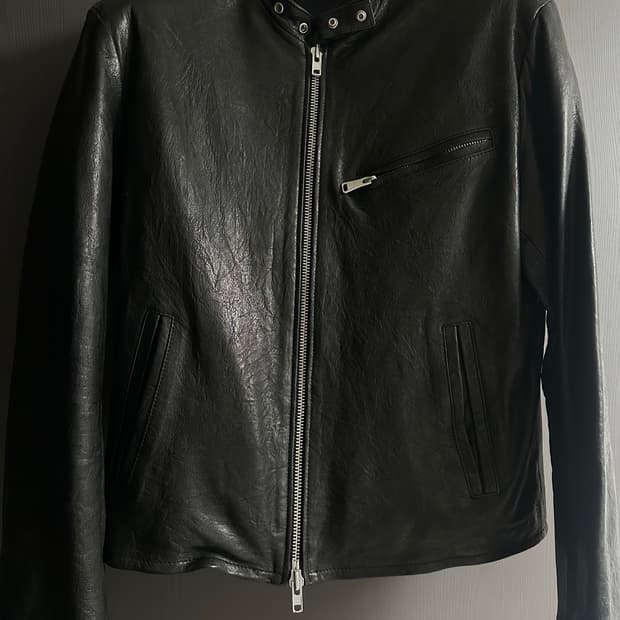 쿠어 램스킨 엠보 워시드 트리밍 바이커 자켓(블랙)