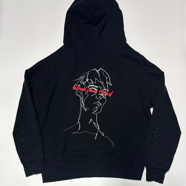 바이브레이트 뒷 프린팅 빈티지 오버핏 후드티 블랙