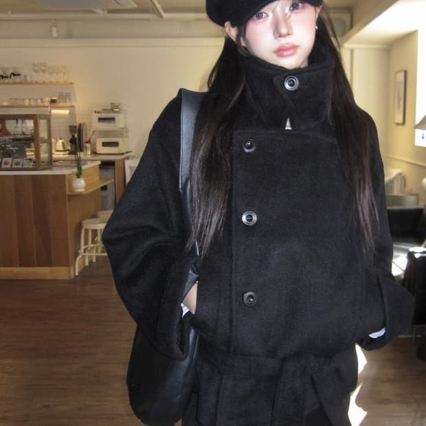 모디무드 Paris 하프 리본 더블 코트 블랙