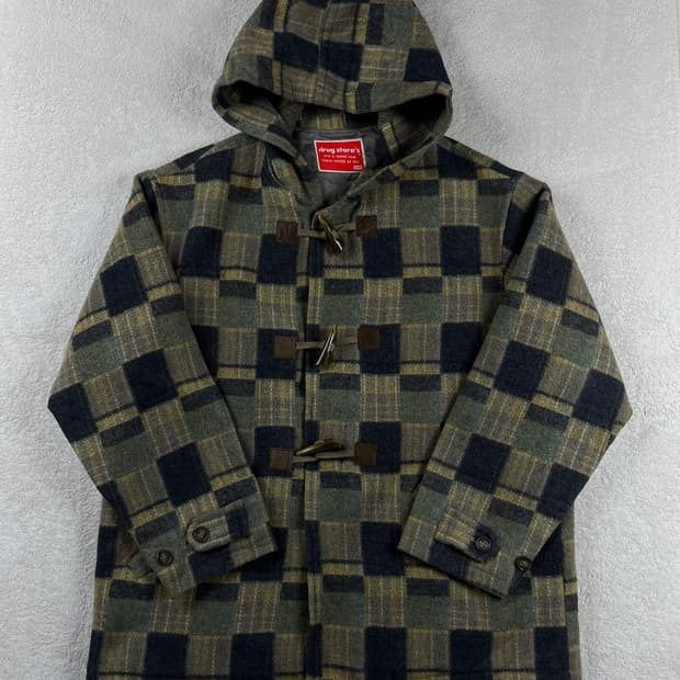 drug store's 일본 빈티지 체크무늬 후드 더플 코트(실측확인)