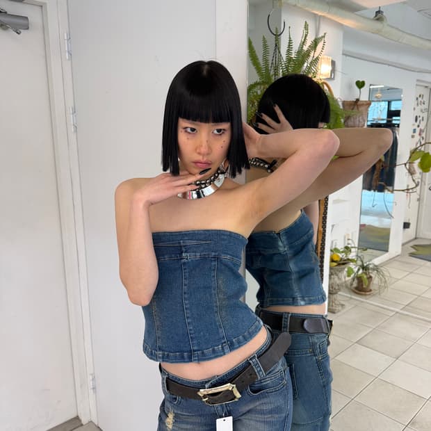 gold spray denim tube top