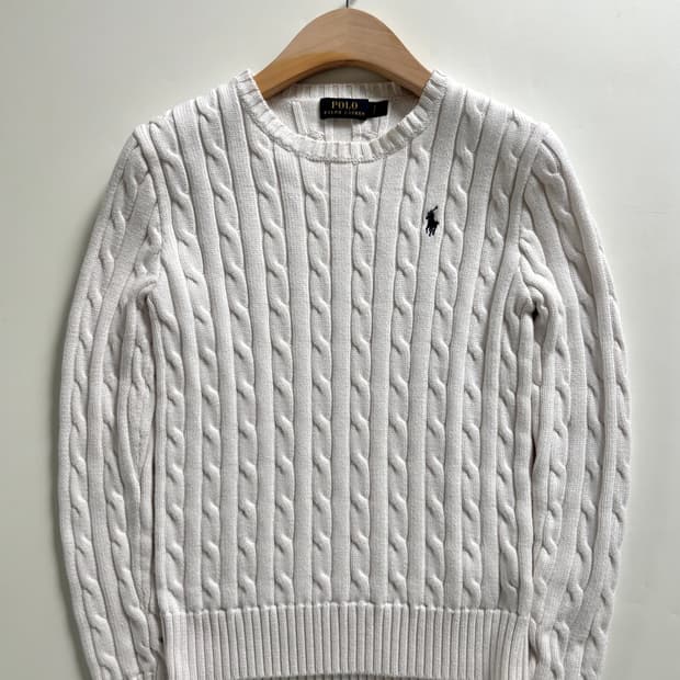 Polo 폴로 랄프로렌 신형 우먼라인 화이트 코튼 케이블 브이넥 니트 