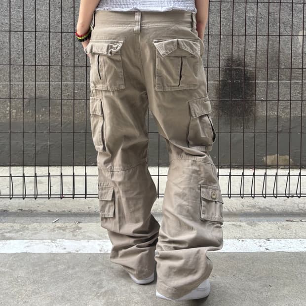 빈티지 카키 와이드 카고팬츠