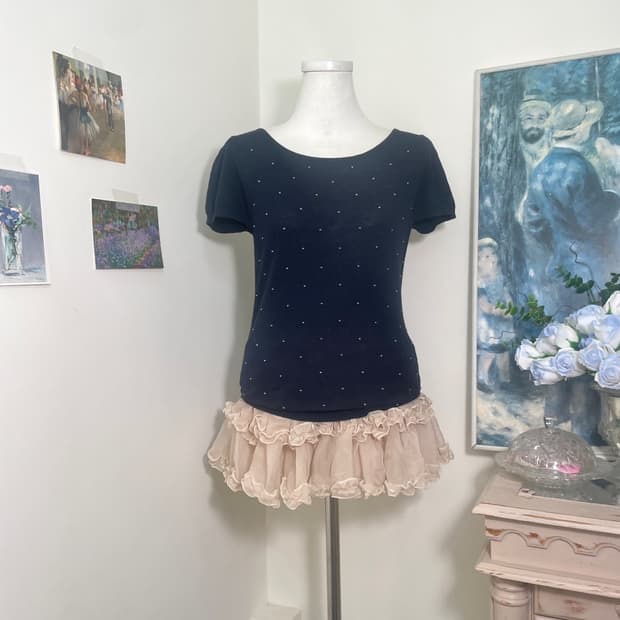navy beads dot puff knit top(size-S)