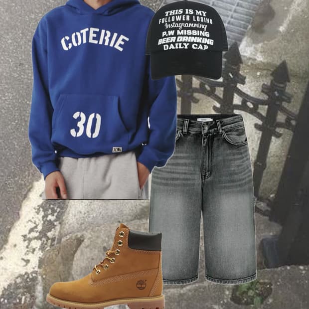 개강룩 코디 올 브랜드 꾸안꾸 후드티 버뮤다 팀버랜드