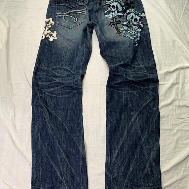 Red Pepper skull cross embroidered denim
