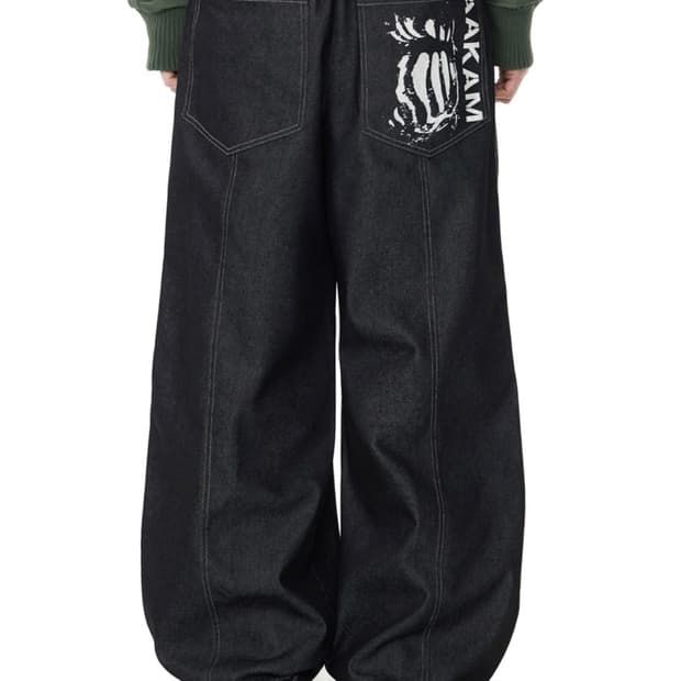 Knee Pin-tuck Printed Denim Pants Black
