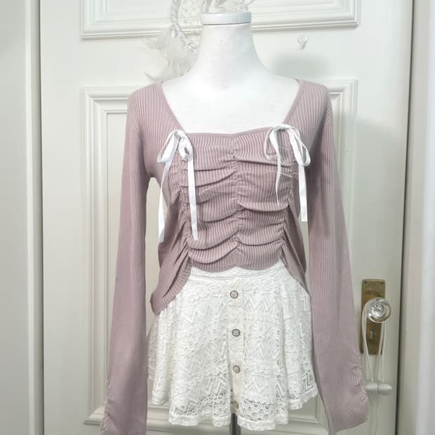 indipink shirring white bow knit top