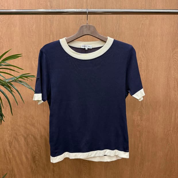 크리스찬 디올 배색 립 반팔 티셔츠 라운드넥 썸머 니트 네이비