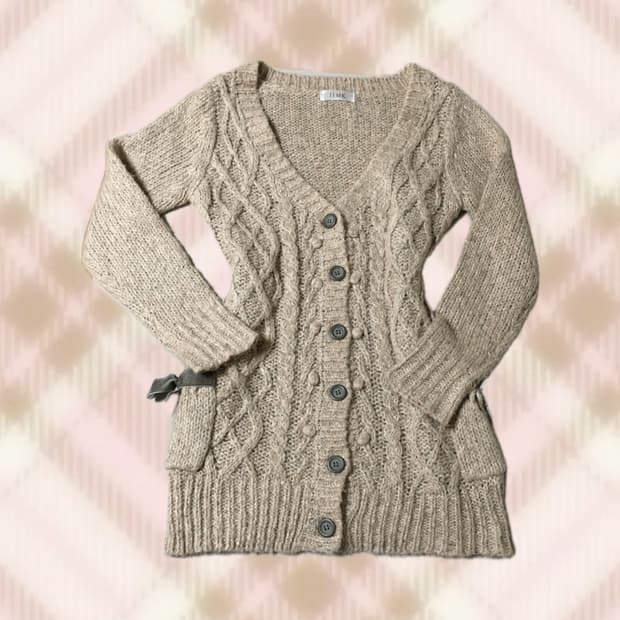 핑크 베이지 꽈배기 리본 니트 가디건 히메 라떼 갸루 러블리 로걀 빈티지