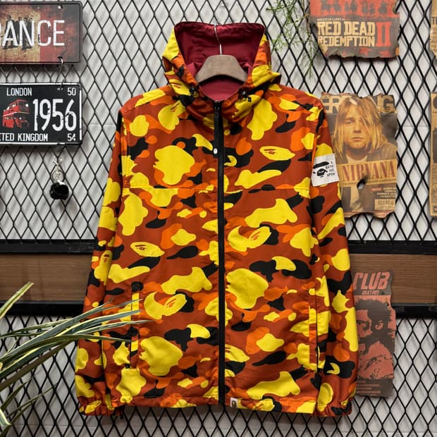 베이프 리버시블 퍼스트 카모 후드 집업 바람막이 레드 오렌지