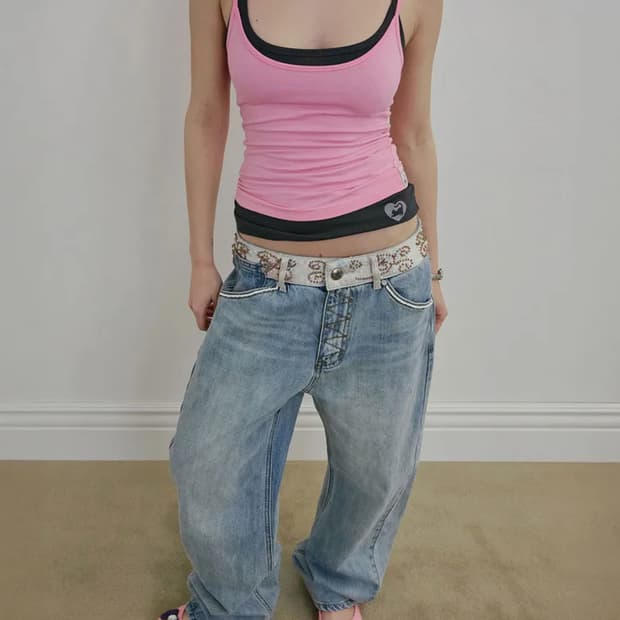 스컬프터 Beaded Waist Denim Pants Mid Blue s