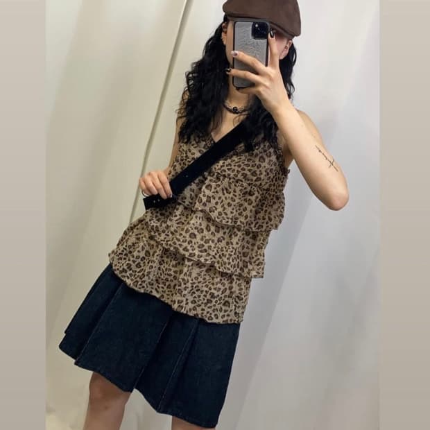 레오파드 호피 프릴 슬리브리스 