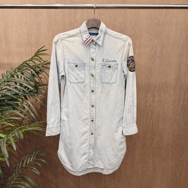 랄프 로렌 코튼 데님 롱 셔츠 백 넘버 패치 자수 와펜 디테일 블루