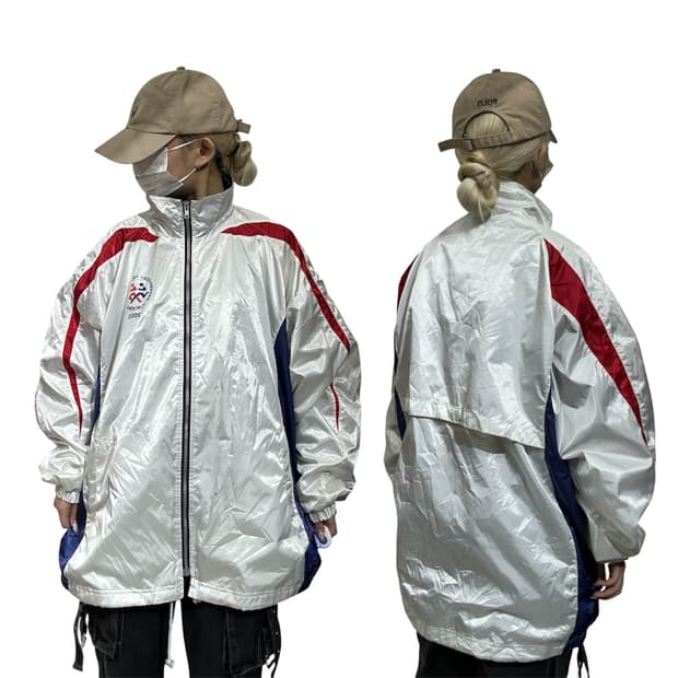 미즈노 화이트 오버핏 사이드 라인 바람막이 자켓 L