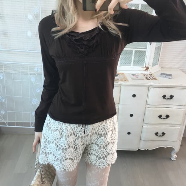 빈티지 레이스 브라운 프릴 롱슬리브