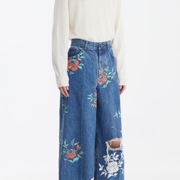 [1] Flower Denim Wide Pants - indigo