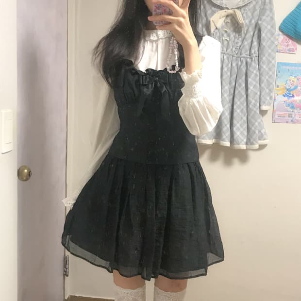 빈티지 블랙 리본 원피스 화이트 블라우스 세트 히메갸루 로걀 발레코어