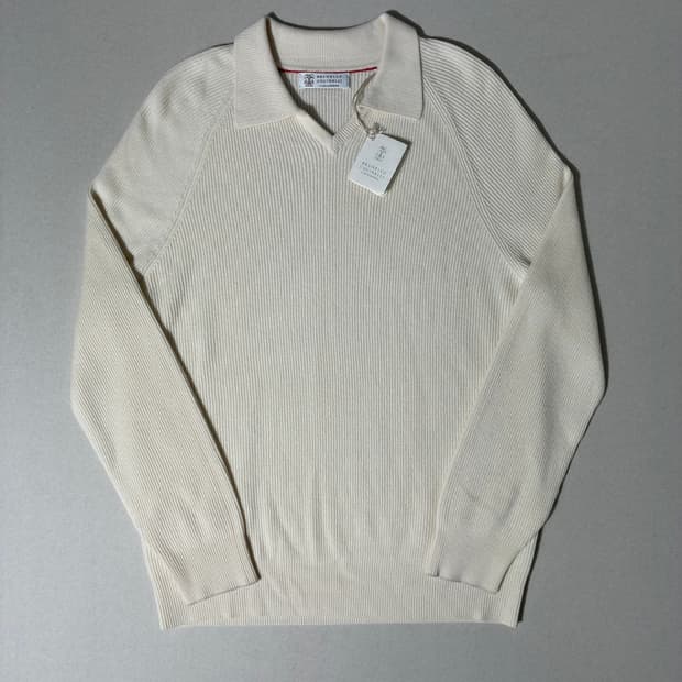 브루넬로 쿠치넬리 캐시미어 브이넥 폴로 니트 스웨터 아이보리 50사이즈