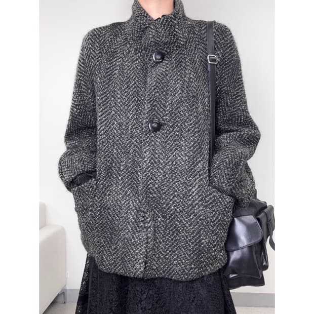 빈티지 울76% 차콜 싱글 하프 코트