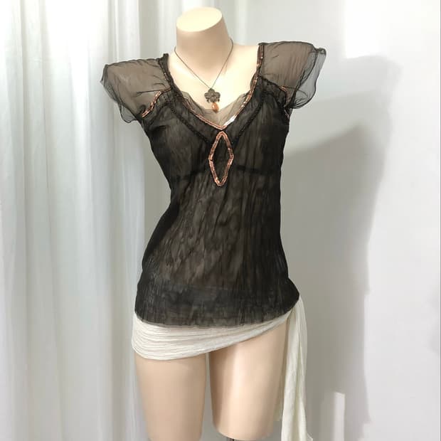 sequin deep brown wrinkle mesh top