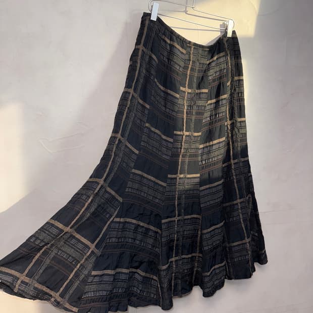 Black brown check patch long skirt 