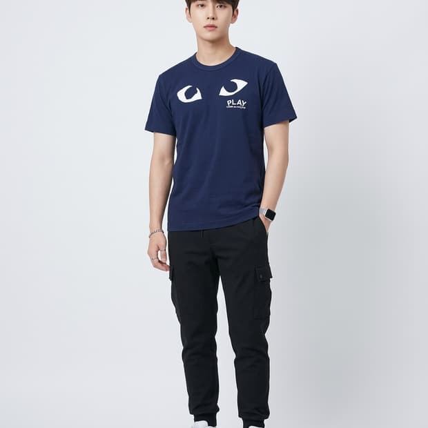 꼼데가르송 플레이 빅 아이즈 네이비 반팔 티셔츠