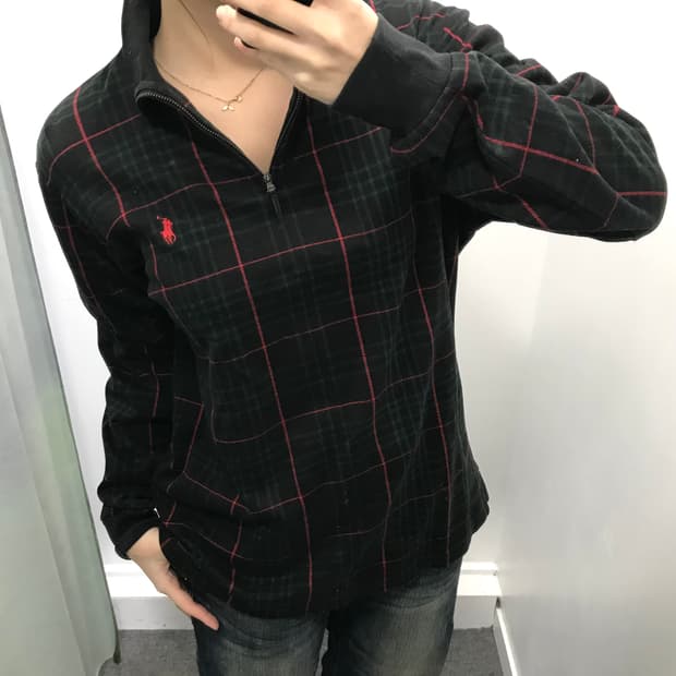 폴로 골프  그린레드 체크 반집업 롱슬리브