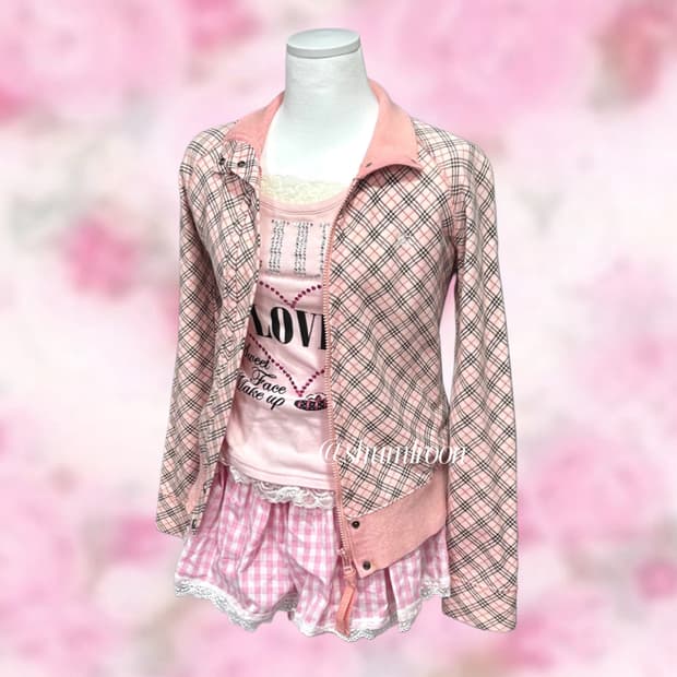 버버리 블루라벨 핑크체크 면집업자켓