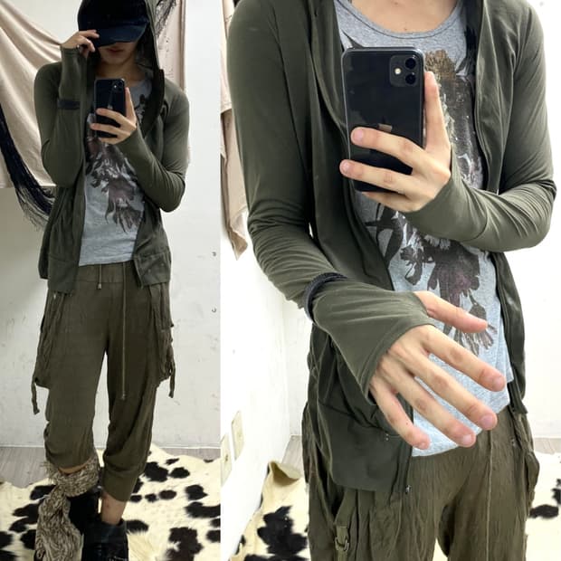 JPN Brand Y2K Grunge Khaki Thumbhole Hoo