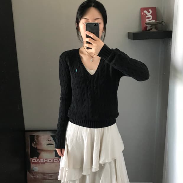 폴로 랄프로렌 포니로고 블랙 브이넥 케이블 니트