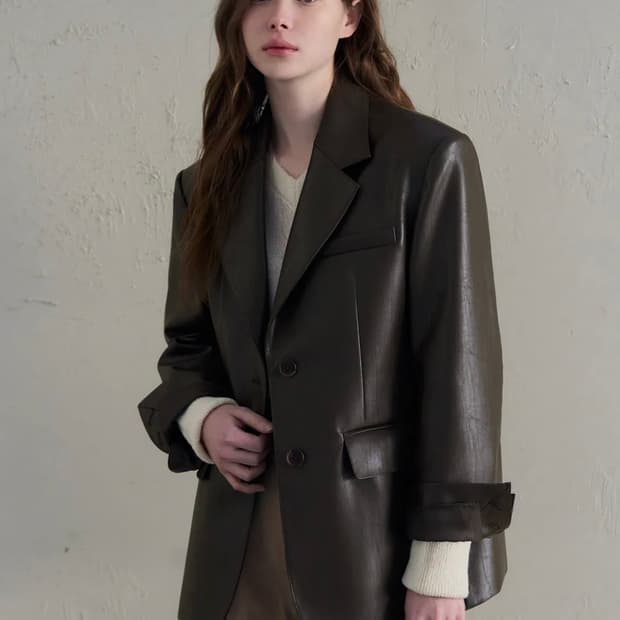 드로우핏 레더 오버핏 싱글 블레이저 브라운