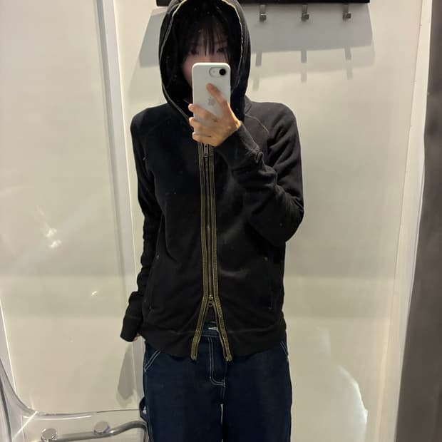 빈티지 롱슬리브 후드 집업 그린 배색 트리밍 디테일 블랙