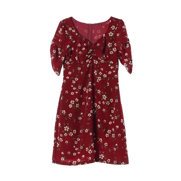 신스덴 와인 플로워 원피스 드레스