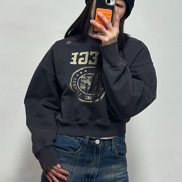 렉토 LLEGE 로고 크롭 스웻셔츠 맨투맨 차콜