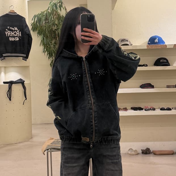 레터링 데님 후드 자켓 U462