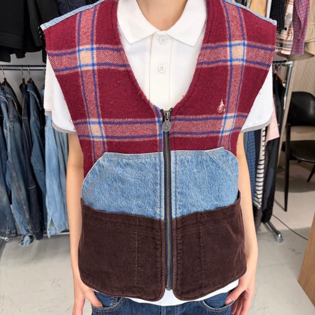 Bean Pole jeans 체크 패치워크 데님 베스트 