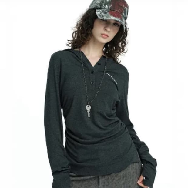 러프넥 헨리 후드 롱 슬리브 S 