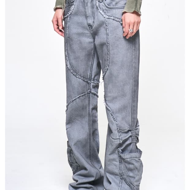 SHIRRING CUT-OFF BOOTS CUT PANTS GRAY