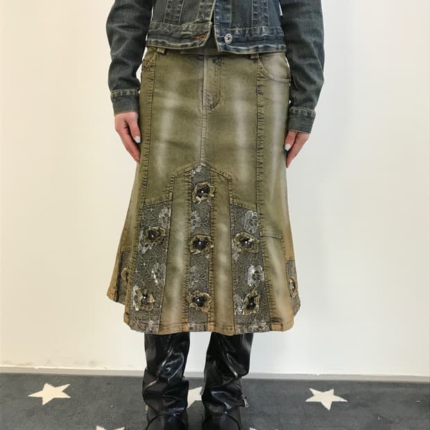 'KUFENG' Olive Acid Wash LaceMidi Skirt